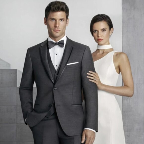 Mens Vested Slim Fit Two Button Trim Notch Tuxedo Charcoal - Mens Slim Fitted Tu - Picture 1 of 2